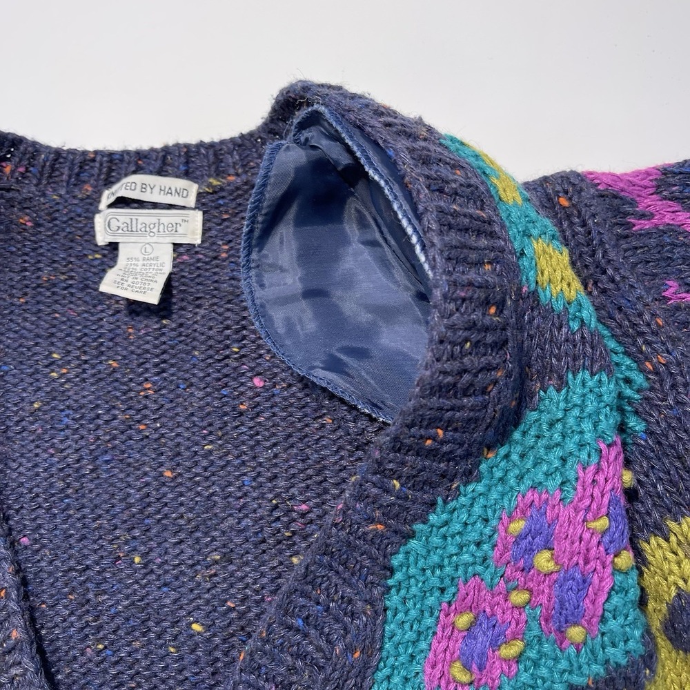 Gallagher Vintage Hand Knit Sweater Cardigan Navy Pink Turquoise Women's Large - Picture 13 of 14